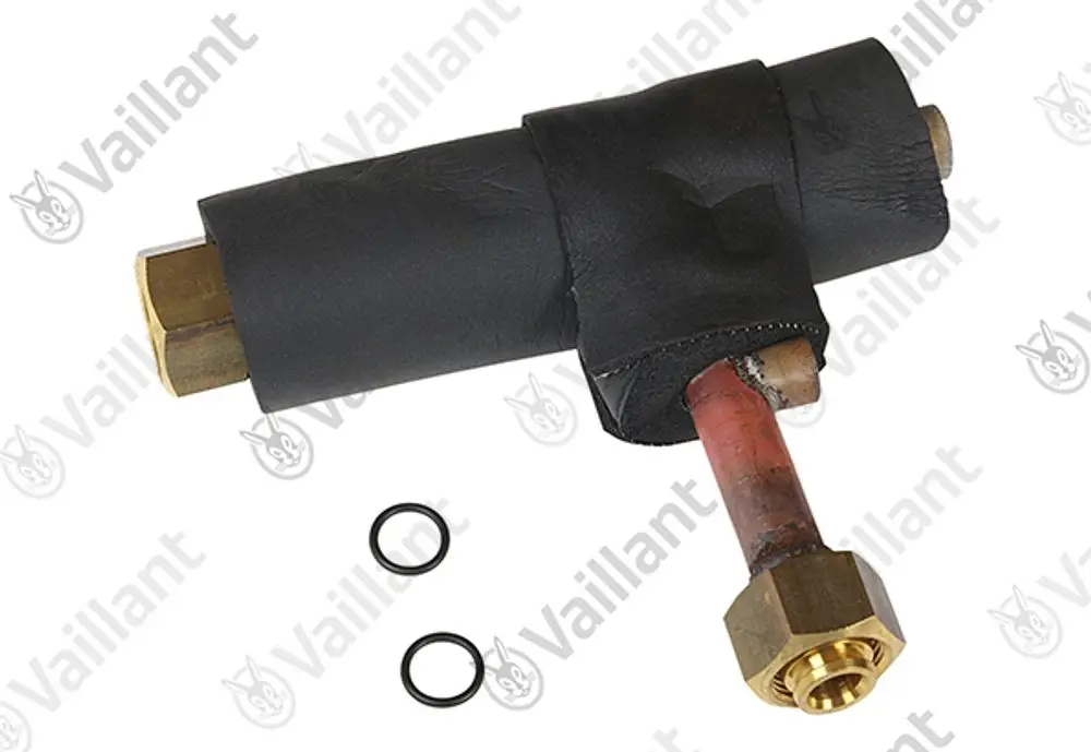Vaillant Rohr mit schwarzer Isolierung und Metallanschlüssen, ergänzt durch zwei O-Ringe.